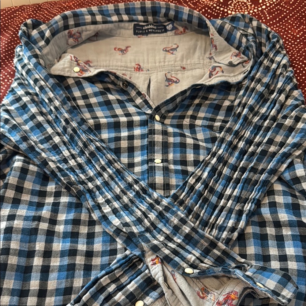 Plaid Blue and Black Men's Reversible Shirt with Snowboarding Dinosaurs